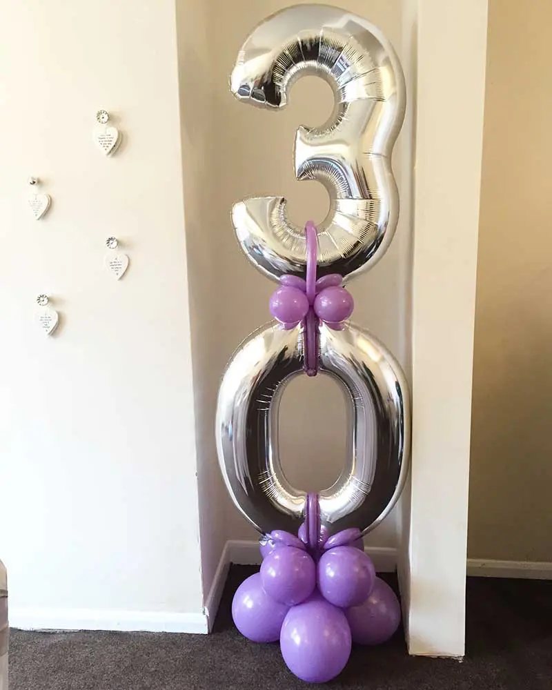 30th silver balloons floor centerpiece with lavender latex balloons