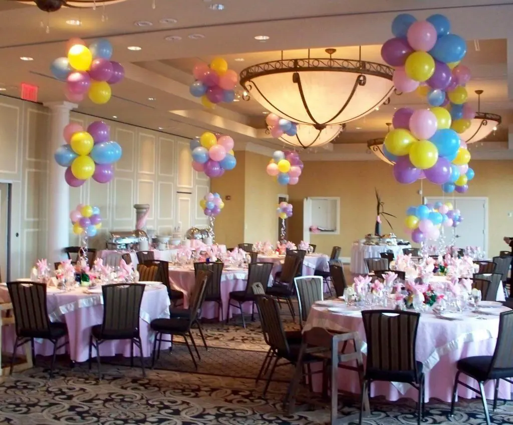 Pink Lavender, Blue and Yellow latex balloons arranged in a balloon centerpiece for a baby shower, birthday, wedding and official dinner,
