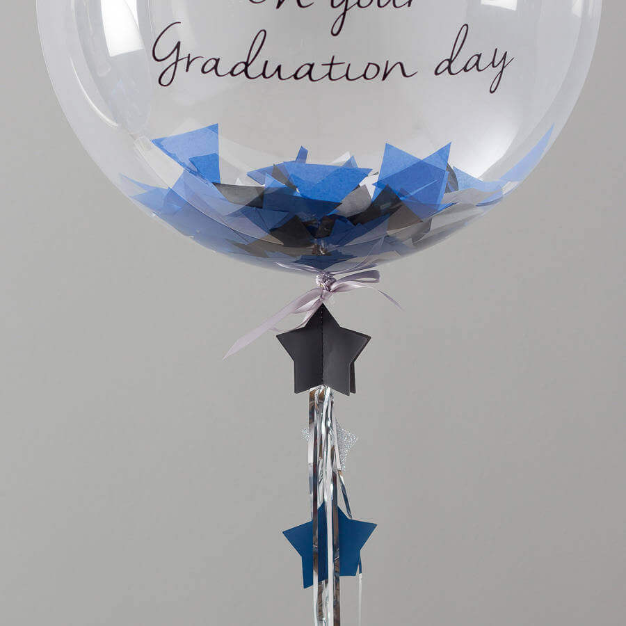 Balloons Lane Balloon delivery Manhattan in use colors Dark Blue Silver Black Sapphire Blue balloons round clear graduation balloons with confetti Event Party