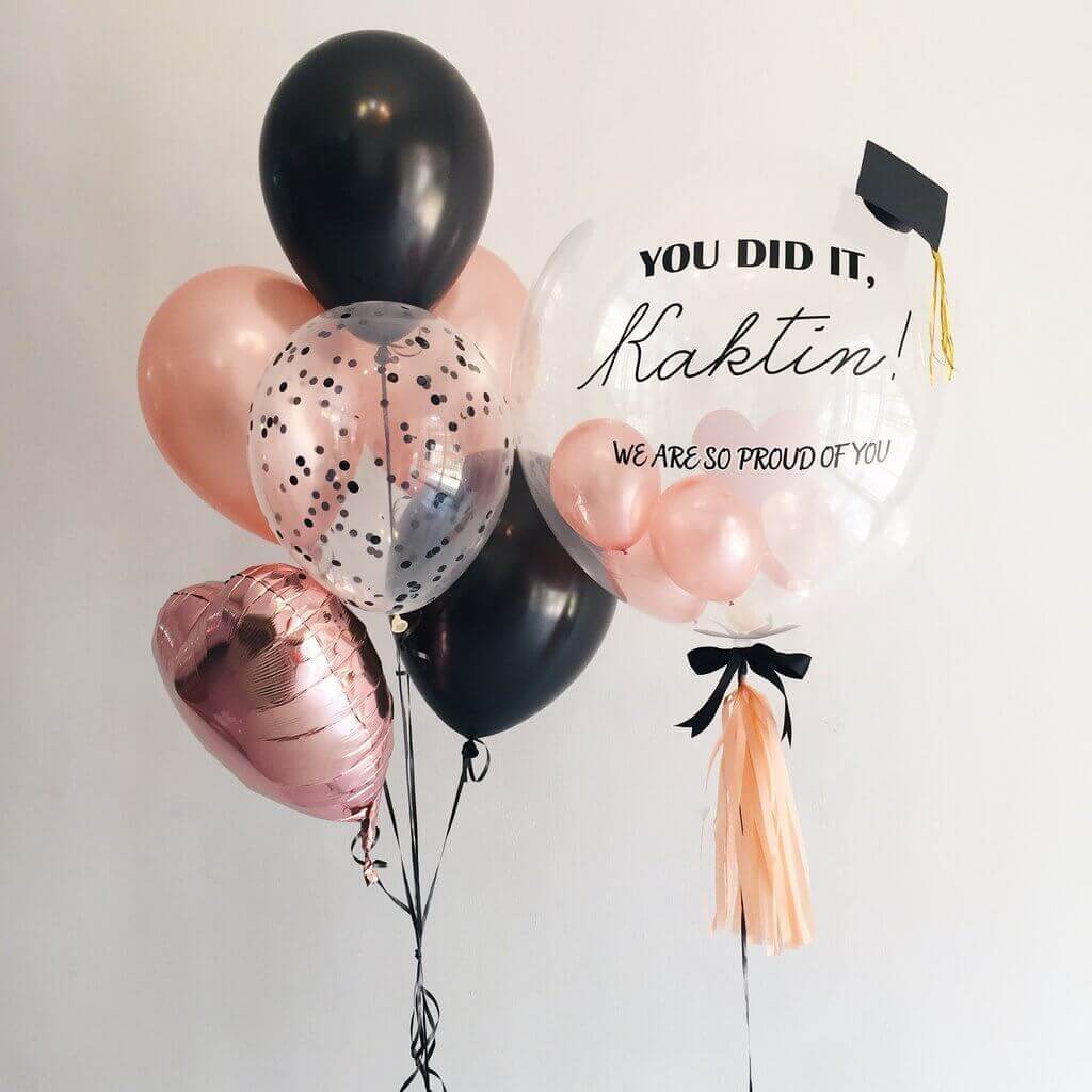 Balloons Lane Balloon delivery New York City in using colors Black and Rose gold Balloons round clear graduation balloons with latex and mylar confetti balloon​ round for Birthday Party