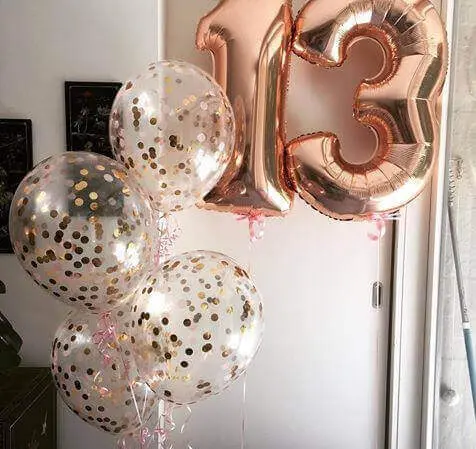 helium rose gold clear latex confetti balloons with 1and 3 rose gold jumbo Mylar bouquet