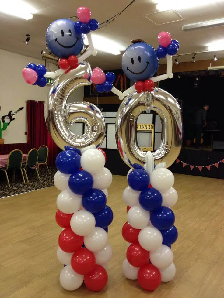 Balloons Lane Balloon delivery Soho use colors red white and blue spiral latex balloons with mini silver 60th column balloons or Decoration Column