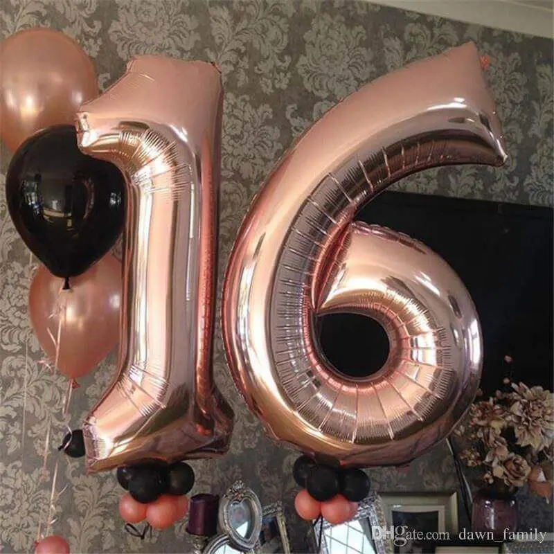 sweet 16 rose gold balloons with rose gold and black helium latex balloons