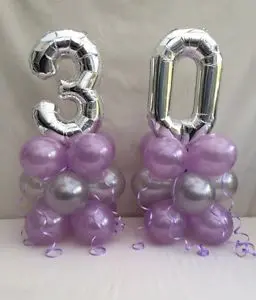 Number 30 Silver balloons with lavender latex balloon Column