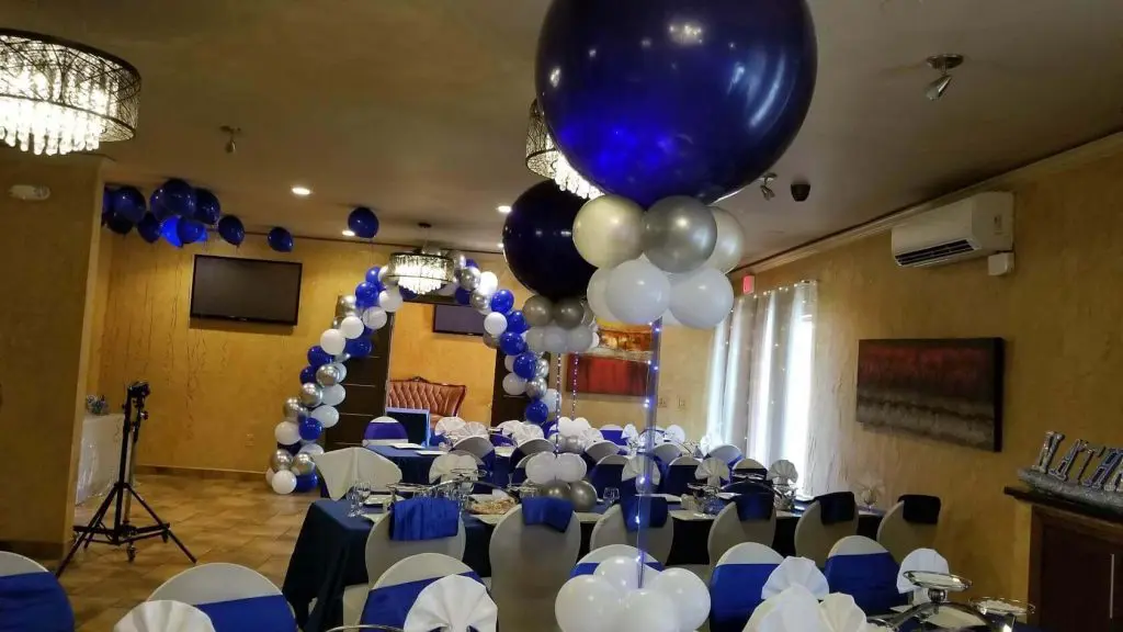Balloons Lane Balloon delivery Brooklyn in using colors dark blue white and silver balloons arch and big LED balloons for Event Party