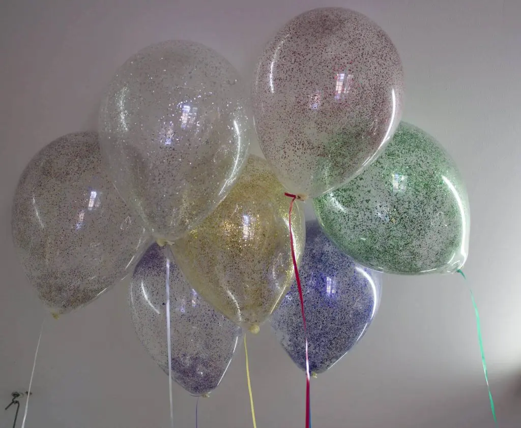 A set of Green, Gold, Purple, and Rose Gold confetti balloons for a decoration party.