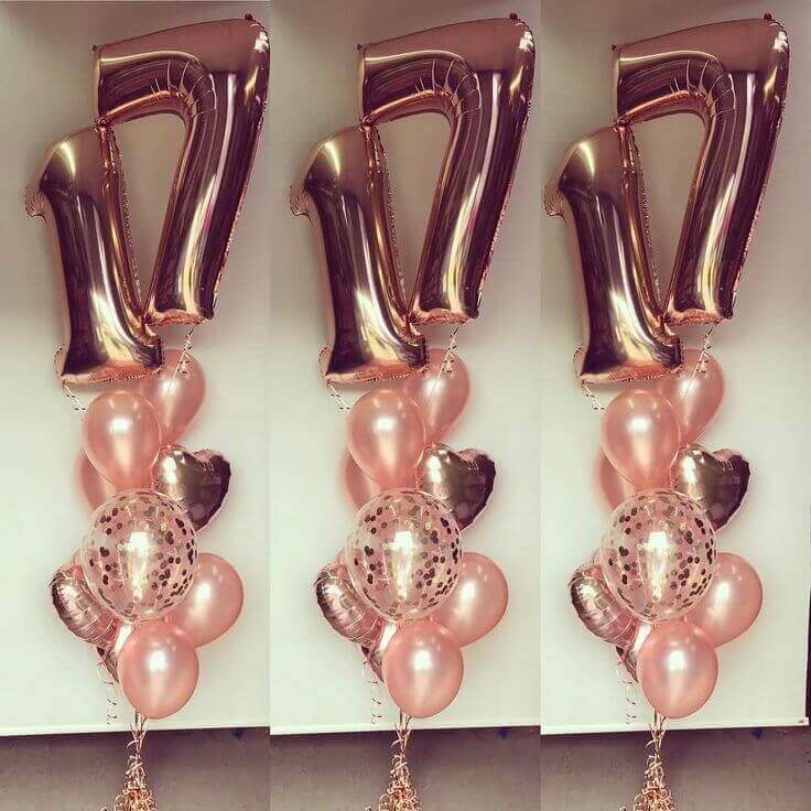 helium rose gold latex confetti balloons centerpieces with mylar number balloons