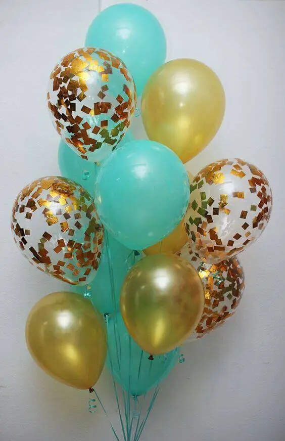 Balloons Lane offers a fantastic selection of light green and gold confetti balloons filled with confetti, perfect for creating an enchanting atmosphere for your event party in New York City.
