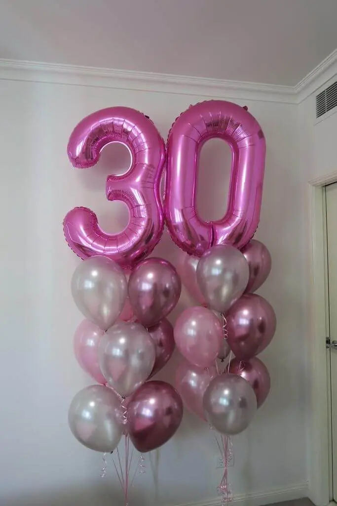 number 3 and 0 big number balloons with pink and silver latex balloons