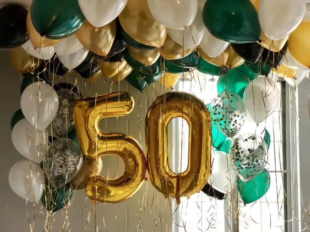 golden 50th big number balloons with ceiling latex confetti white gold and green balloons