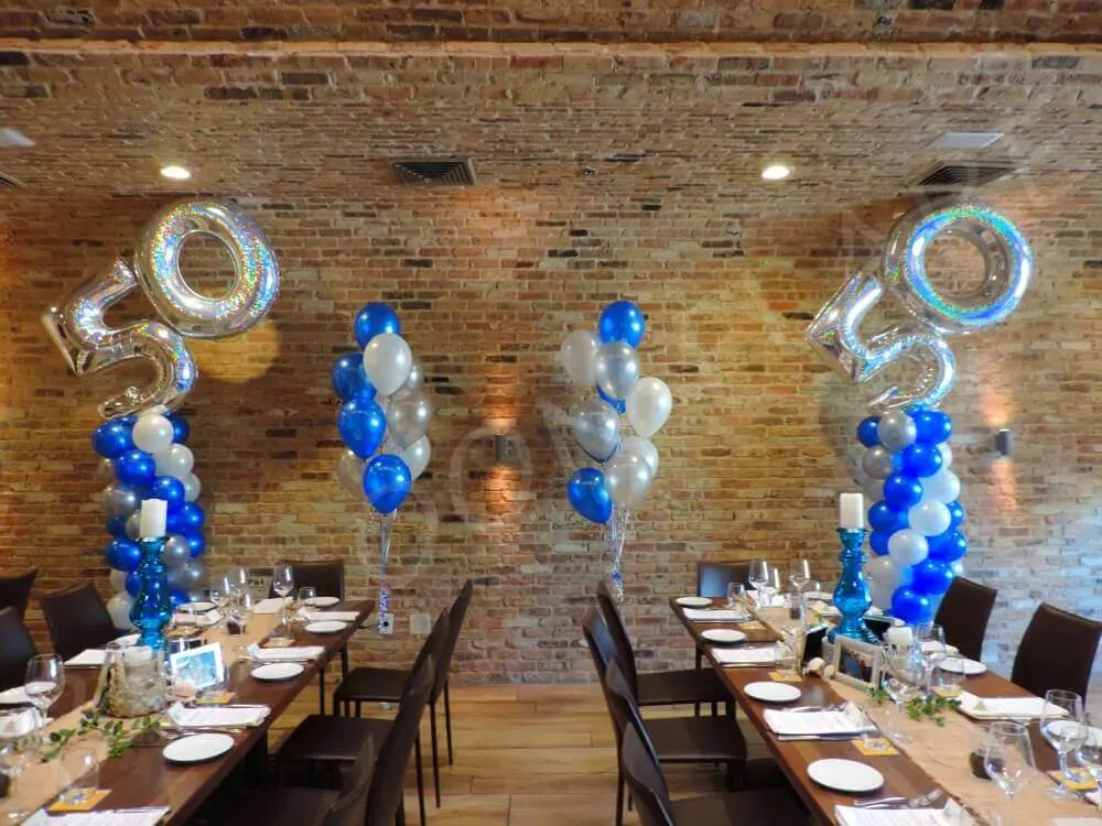 Balloons Lane Balloon delivery Brooklyn in using colors Silver Blue and White balloons silver big 50th Mylar balloons Number Balloons 50 in silver for Event Party