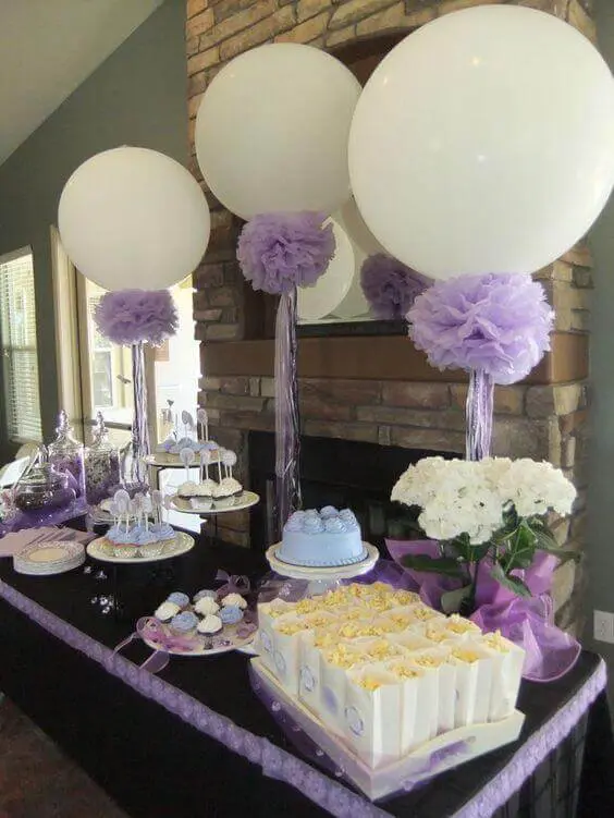 Balloons delivery uses the colors white and Spring Lilac Pearl Ivory confetti balloons with lavender for the candy table birthday parties decorations balloons