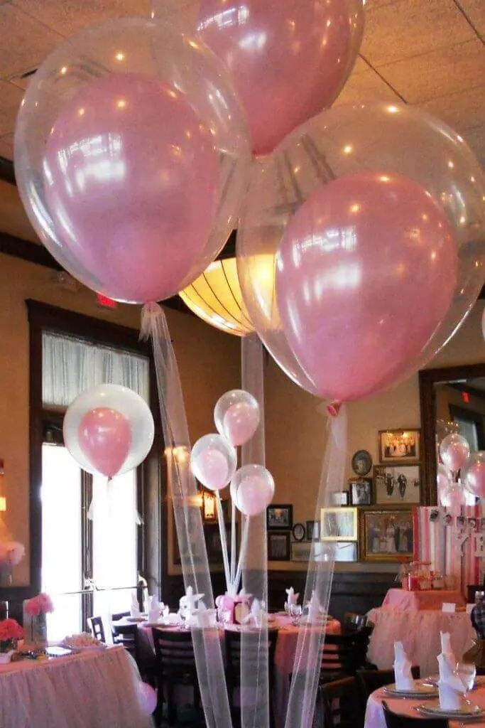 pink helium latex balloon in big clear latex balloon with tulle strings for all events