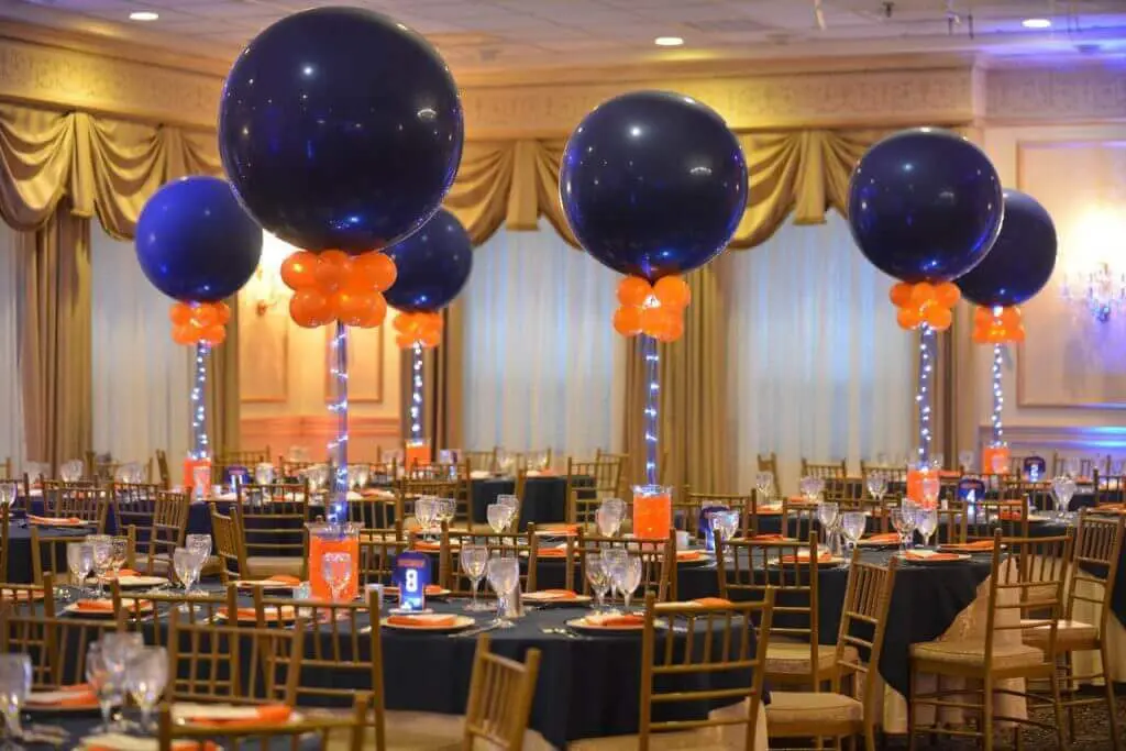 Balloons Lane Balloon delivery Manhattan in using colors White balloon with dark blue jumbo and mini orange led balloons for Bar Mitzvah party balloons for Anniversary Party