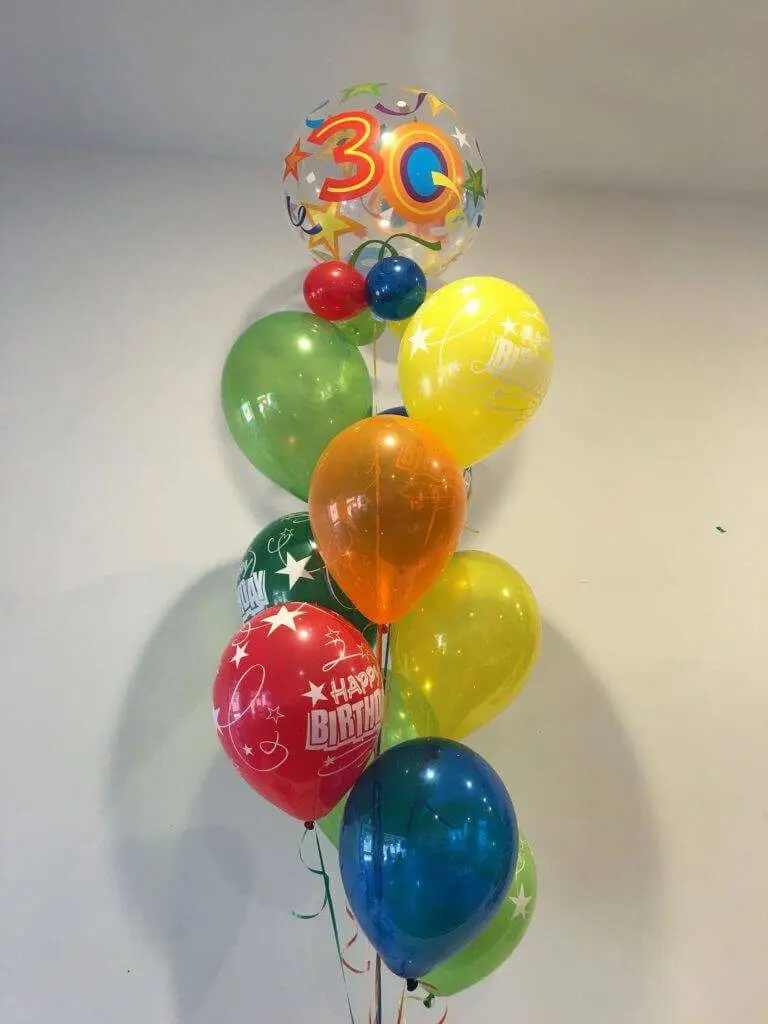 Balloons Lane Balloon delivery New York City in using colors Green Blue Red Yellow and Orange latex balloons 30th number bubbles balloon with mix colors latex helium balloons With number 30 in mix color for Anniversary Party