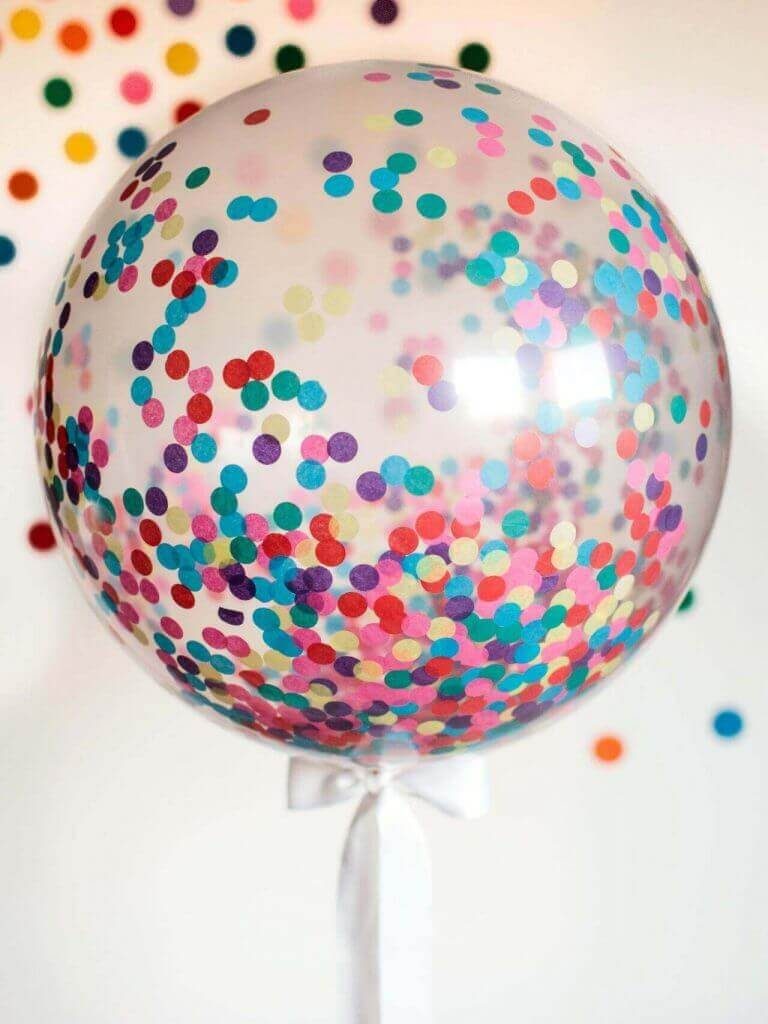 clear big round bubble balloon with white color confetti with satin ribbon