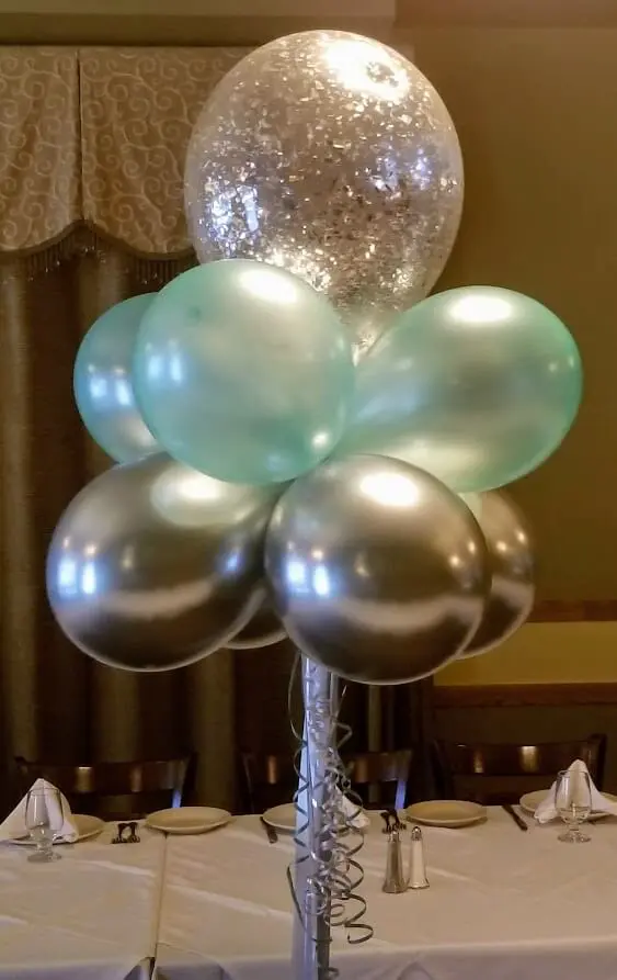 Teal and Silver Balloon Centerpiece from Balloons Lane in Brooklyn for birthday party, anniversary celebration, wedding and corporate event,