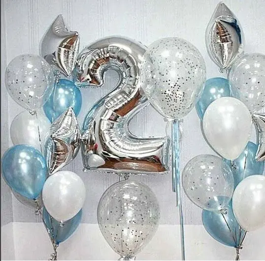 Light Blue Silver and white latex Balloons for 2nd birthday with big foil number 2 balloon
