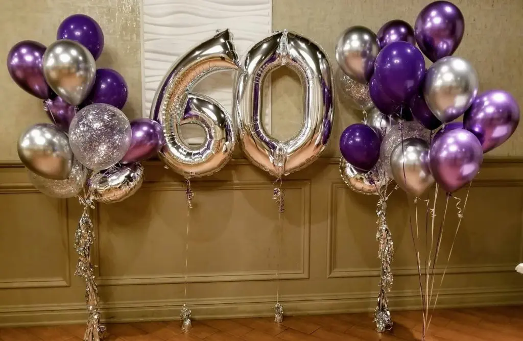 chrome silver chrome purple and silver confetti 60th birthday or anniversary balloons bouquet