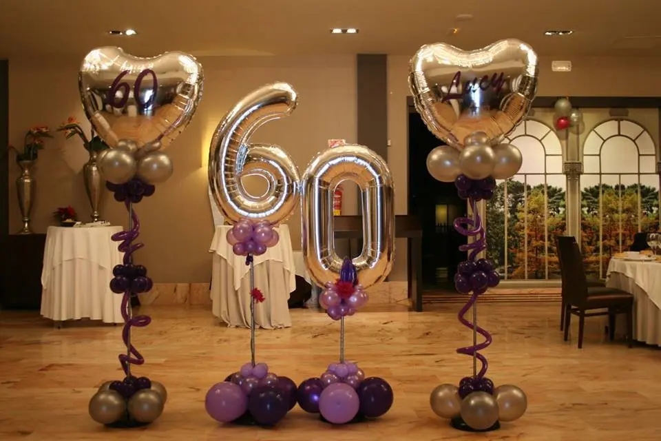 60th birthday silver number balloons with heart shape customized silver and purple balloons as a floor centerpieces
