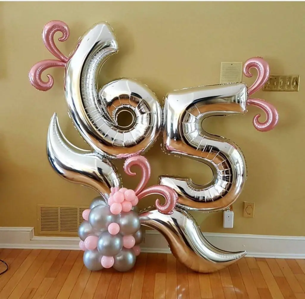 65th birthday foil Mylar silver and pink balloons decoration