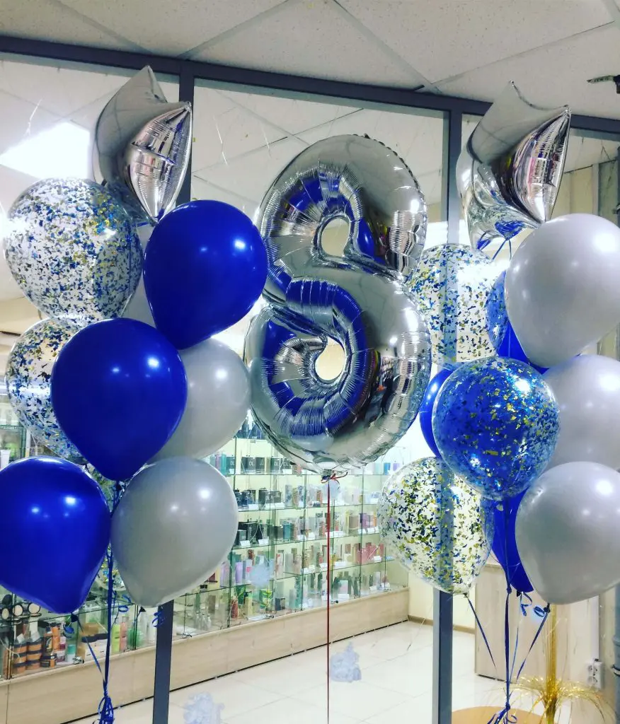 number 8 silver foil balloon with blue white and clear confetti balloons