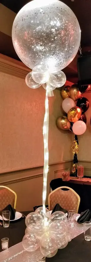 Balloons Lane Balloon delivery Soho in using colors Pink Gold Black Silver and Chrome Gold retro theme big round silver confetti balloon with LED string balloon for Occasion Party