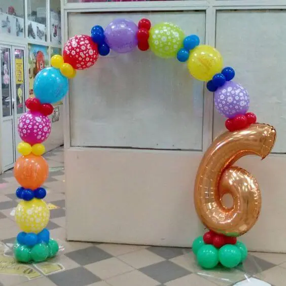 A fun and colorful arch made of Latex balloons in the shape of the number "6", perfect for adding excitement and joy to a 6th birthday party.