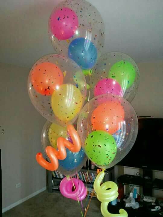 neon balloon inside clear latex balloons with confetti for birthday