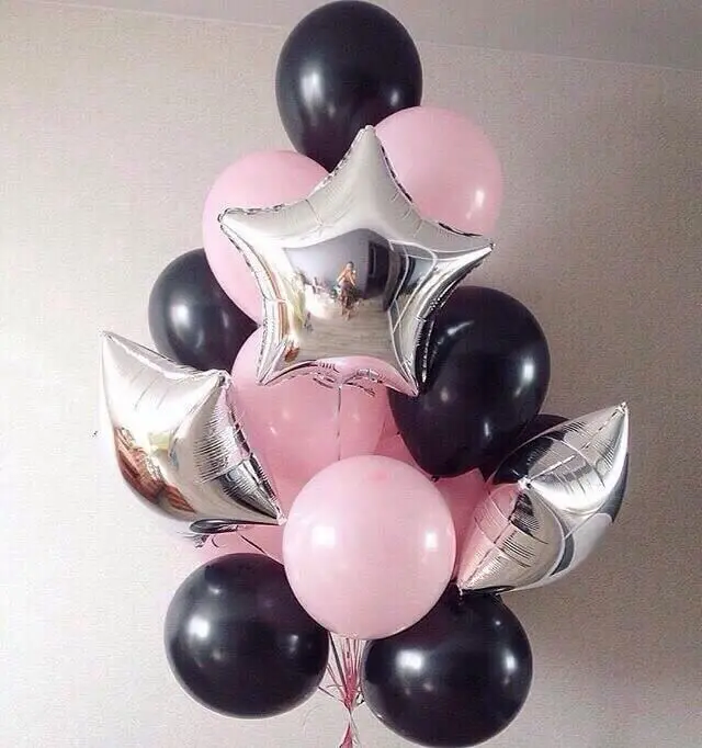 A festive balloon decoration by Balloons Lane in Staten Island, featuring silver mylar foil star balloons paired with pink and black latex balloons. The design is perfect for a birthday party, with the shiny silver stars adding a touch of glamour to the playful pink and black balloons.
