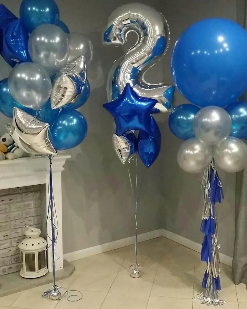 2nd birthday balloons for boy with blue white and silver latex and silver Mylar star balloons