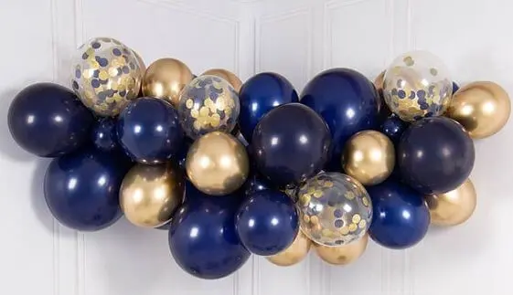 A beautiful garland of blue balloons with confetti, paired with chrome gold and blue latex balloons, perfect for any occasion in Staten Island, delivered by Balloons Lane.