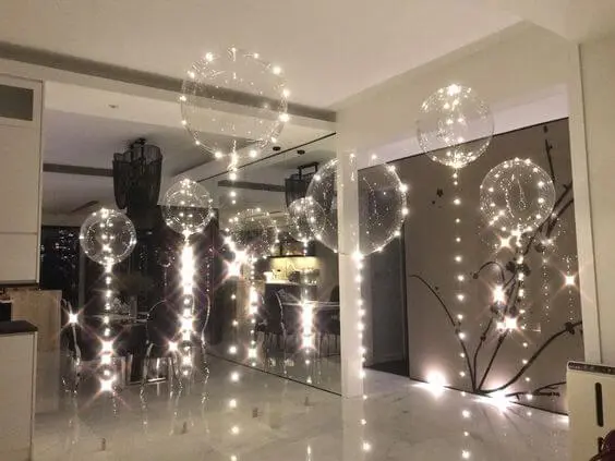 Balloons Lane Balloon delivery NYC in using colors White balloon with big round clear bubble balloons with led around and led string balloon for Birthday Party