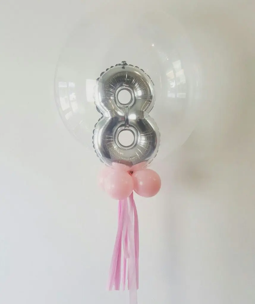 Balloons Lane Balloon delivery Manhattan in using colors Silver pink and white latex balloons number 8 silver balloon in bubble balloon with pink latex and tassel With number 8 in Silver for Birthday Party