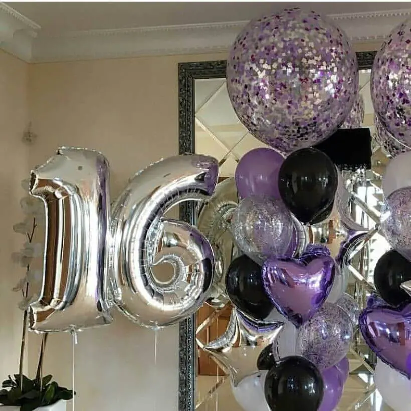 silver sweet 16 number with black, confetti purple balloons