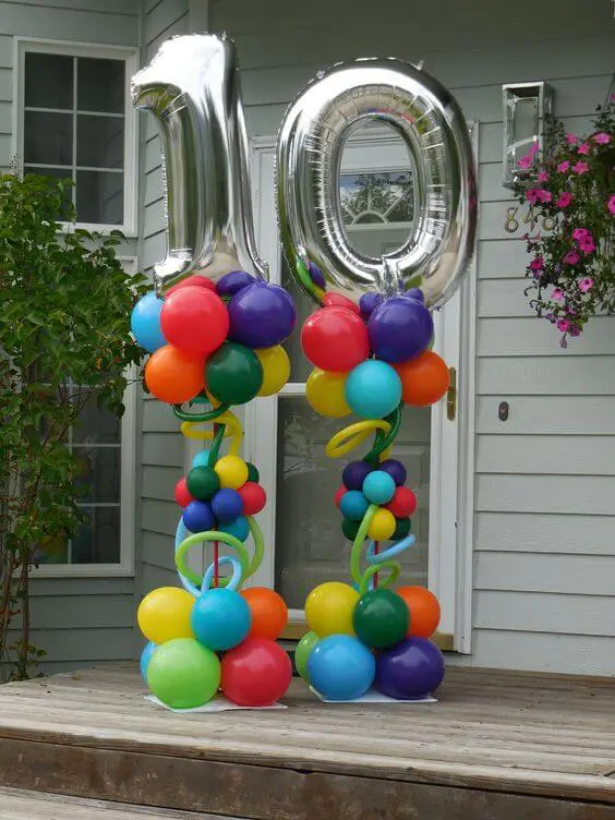 Chrome silver and Red Blue Purple Green 10th birthday balloons column
