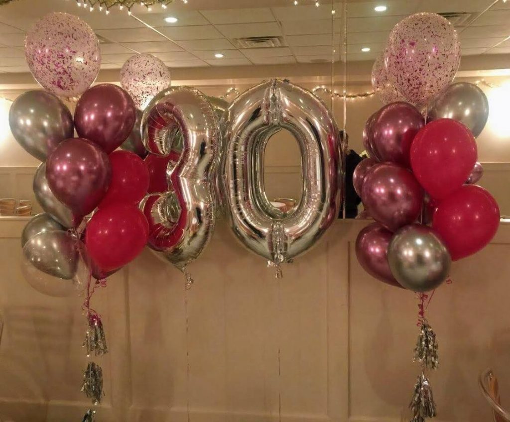 Balloons Lane Balloon delivery Brooklyn in using colors chrome pink silver and pink confetti balloons 30th balloons floor centerpieces ​ Number for Birthday Party