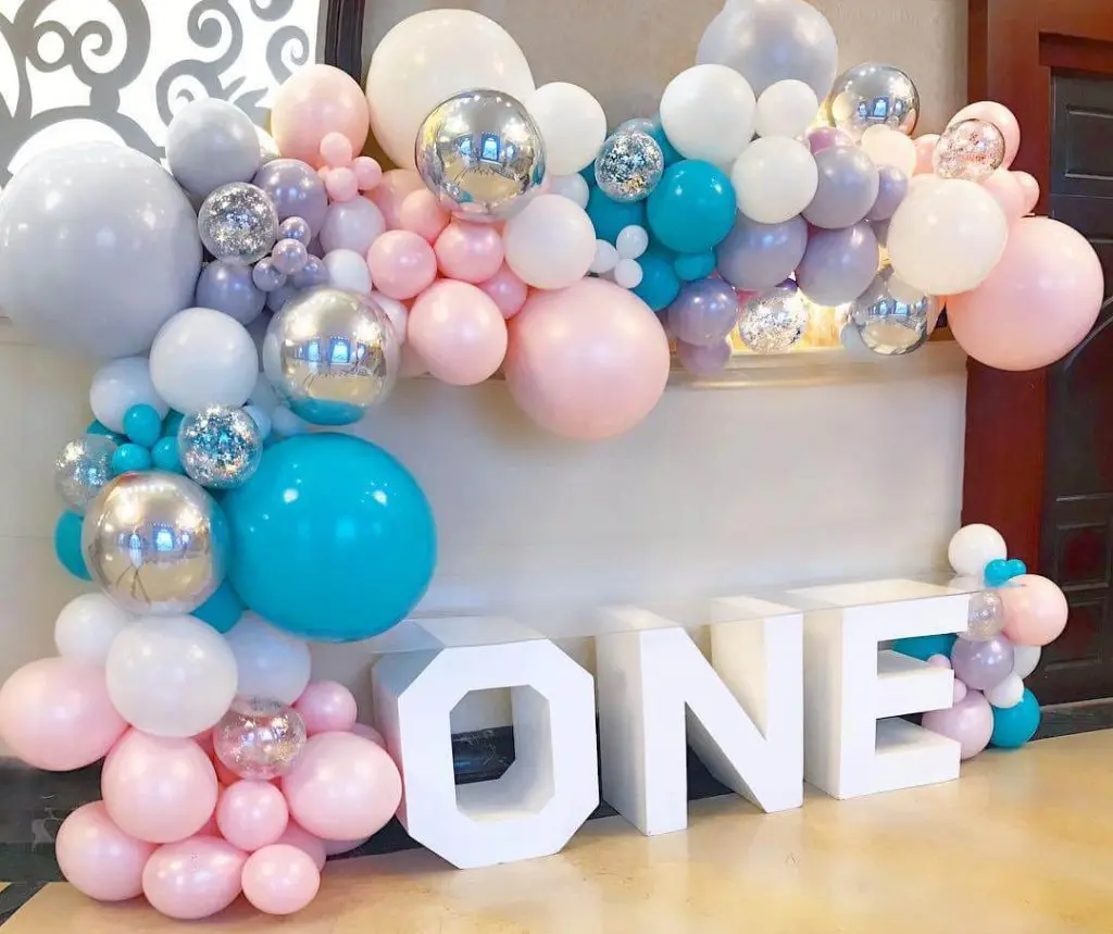 White, Peach, Egg Blue, Silver, and Diamond Clear Balloon Arch Decoration by Balloons Lane in Staten Island