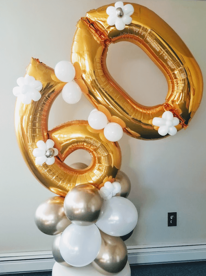 Balloons Lane Balloon delivery Brooklyn in using colors Gold Silver and White Balloons With 60th birthday balloons Number for an Birthday party