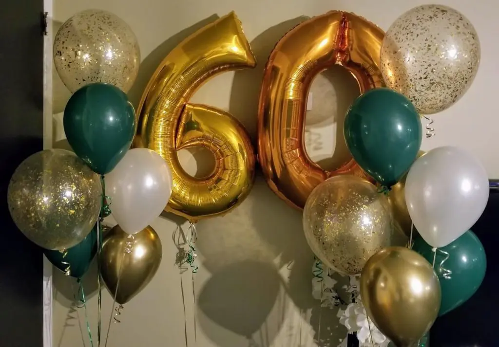 Balloons Lane Balloon delivery NYC in using colors chrome gold and green latex balloons 60th Anniversary Balloons Number for an Event party