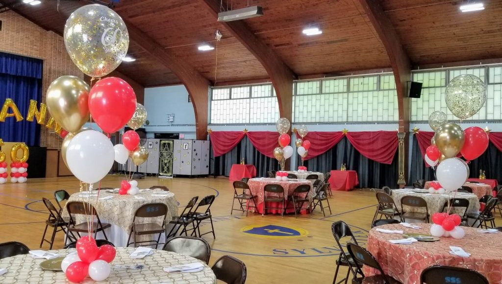 Balloons Lane Balloon delivery NJ in use White Red Gold balloons 60th Anniversary with name centerpieces For Anniversary Party