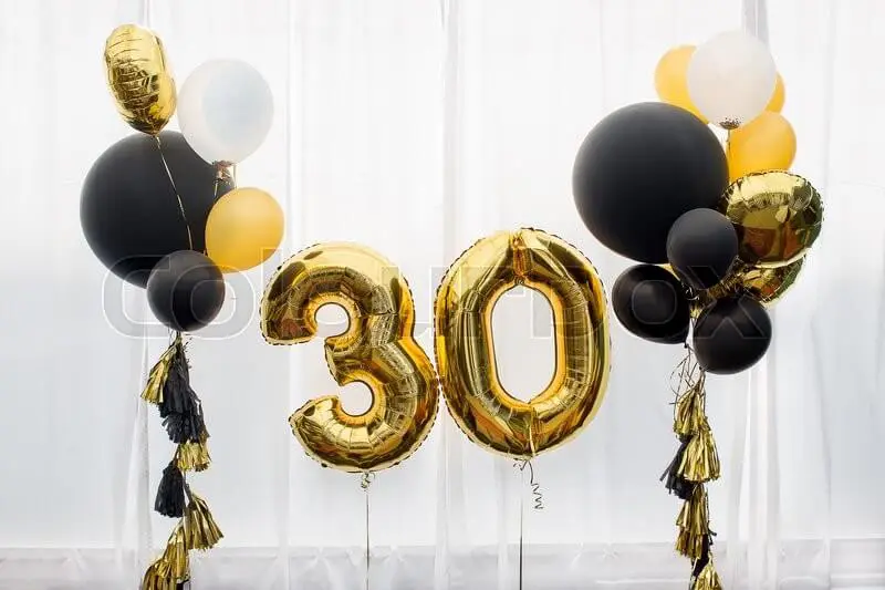 Gold, Black and white latex Balloons with Number 30 birthday balloon for a Birthday party