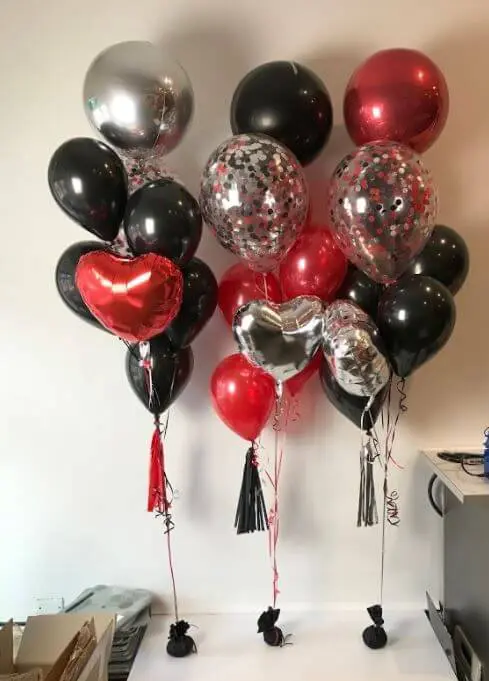 Balloon delivery use colors Chrome Black Chrome Silver Chrome red Chrome balloons with Silver heart balloons Prom Balloons black balloon with confetti