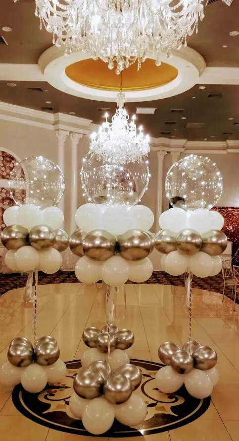 White Rose Gold Ivory Silk SHOWER CLEAR ROUND LED BUBBLE Balloons column