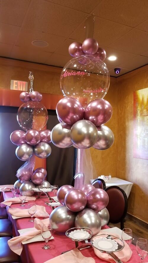 Chrome silver and pink baby 1st birthday personalized balloons column