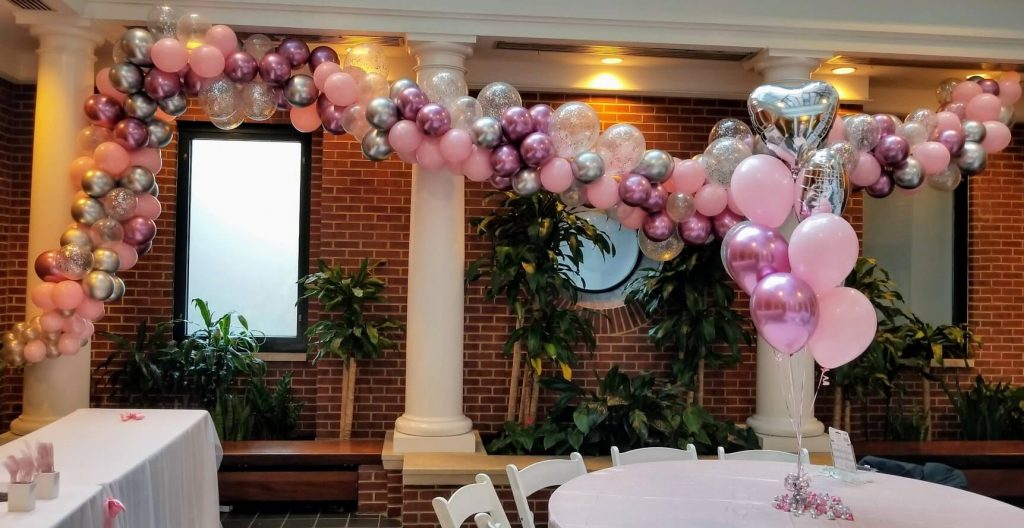 Balloons Lane Balloon delivery in NJ baby first birthday balloons garland and centerpieces in pink and silver latex balloons