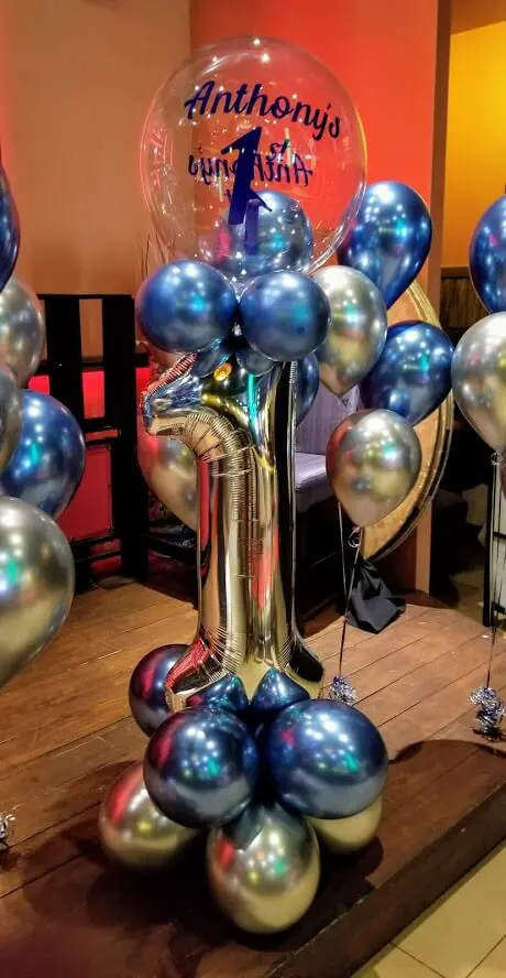 Balloons Lane Balloon delivery New York City in using colors chrome silver and blue balloons with baby first birthday balloons Number for an Birthday party