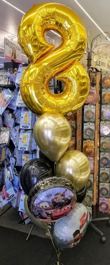 Gold Black and Silver balloons with big gold number 8 sports balloon