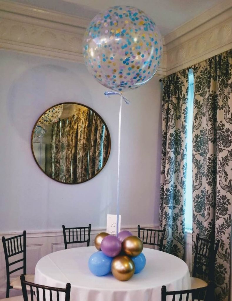 Balloons Lane Balloon delivery Staten Island in use colors Purple Chrome rose gold and Blue confetti balloons big round clear confetti girl communion balloons for ​Confetti Event Party