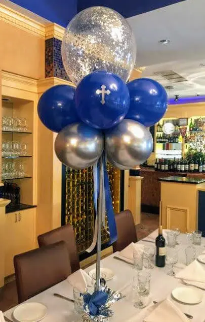 Balloons Lane uses the colors Blue and Chrome Silver balloons with unique styles and the most used full design in balloons for christening party decorations balloons